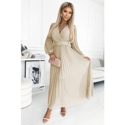 KLARA řasené šaty s páskem a výstřihem - béžové 414-8 (Velikost UNI, Barva Béžová)