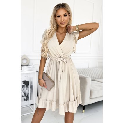 Numoco CORNELIA šaty s volánkem, výstřihem a kravatou - béžové 455-1 (Velikost UNI, Barva Béžová)
