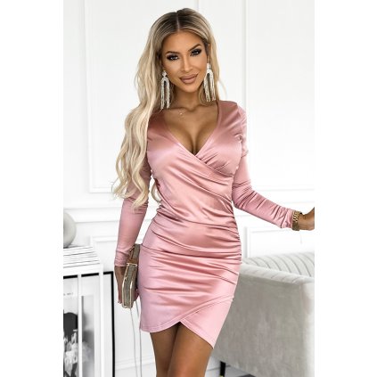 Saténové šaty s psaníčkovým výstřihem a dlouhým rukávem - špinavě růžové 477-1 (Velikost L, Barva Růžová)
