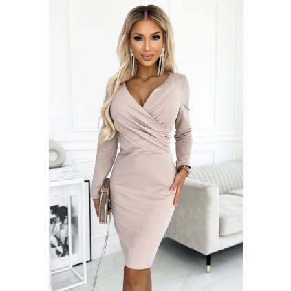 Numoco Elegantní bavlněné šaty s psaníčkovým výstřihem a dlouhým rukávem - béžové 398-3 (Velikost S, Barva Béžová)