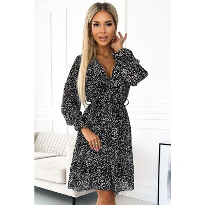 Šifonové šaty s výstřihem, volány a páskem - černobílý vzor 506-1 (Velikost UNI, Barva Černá)