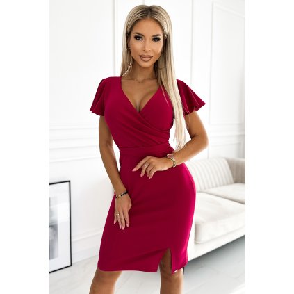 Numoco NINA šaty s psaníčkovým výstřihem, rukávy a páskem - fuchsiové 479-4 (Velikost XS, Barva Fialová)