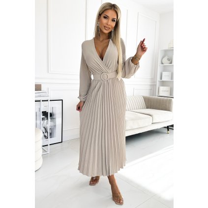 Numoco VIVIANA Plisované midi šaty s výstřihem, dlouhým rukávem a širokým páskem - béžová barva 504-2 (Velikost UNI, Barva Béžová)