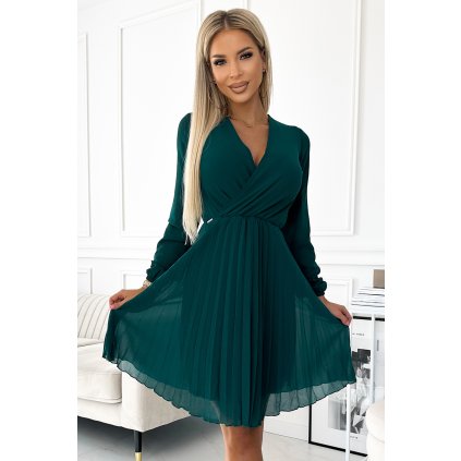 ISABELLE Plisované šifonové šaty s výstřihem - zelené 313-14 (Velikost XS, Barva Zelená)