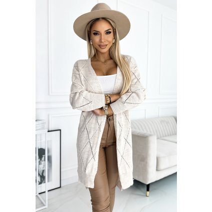 Numoco Cardigan - svetrová pelerína s delším zadním dílem v prolamovaném diamantu - béžová 486-2 (Velikost UNI, Barva Béžová)