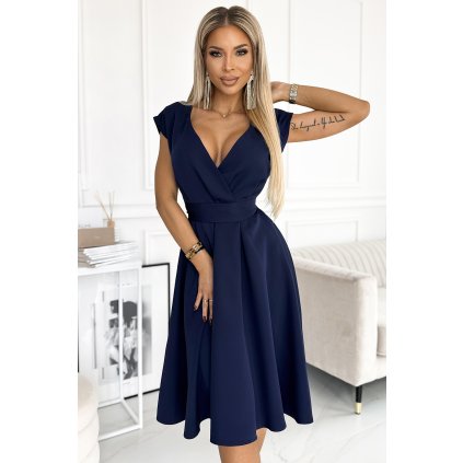 Numoco SCARLETT - rozšířené šaty s výstřihem - tmavě modré 348-6 (Velikost S, Barva Modrá)