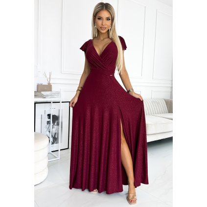 Numoco CRYSTAL třpytivé dlouhé šaty s výstřihem - Vínová barva 411-8 (Velikost XS, Barva Bordó)