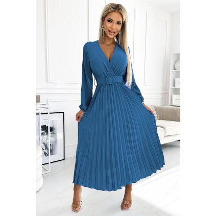 VIVIANA Plisované midi šaty s výstřihem, dlouhým rukávem a širokým páskem - JEANS 504-5 (Velikost UNI, Barva Modrá)
