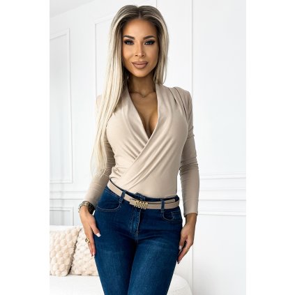 Body s psaníčkovým výstřihem - béžové 375-7 (Velikost XS, Barva Béžová)