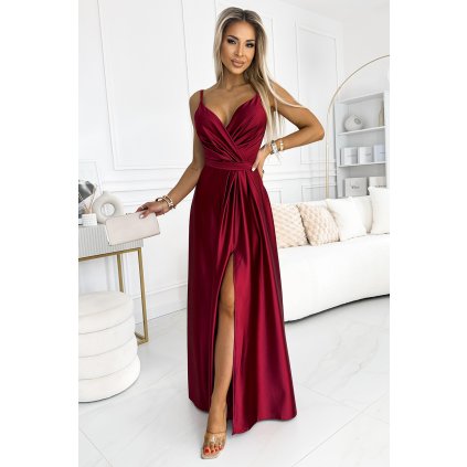 JULIET elegantní dlouhé saténové šaty s výstřihem a rozparkem u nohavic - Vínová barva 512-6 (Velikost S, Barva Bordó)