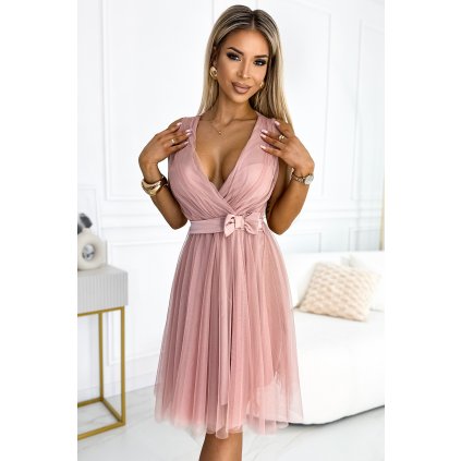 Tylové šaty s výstřihem a mašlí - špinavě růžové 523-1 (Velikost UNI, Barva Růžová)