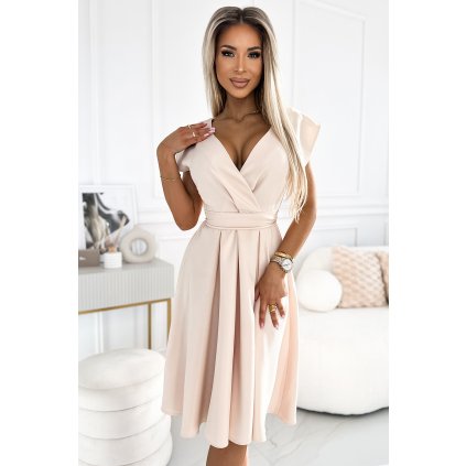 Numoco SCARLETT - rozšířené šaty s výstřihem - béžová barva 348-7 (Velikost S, Barva Béžová)