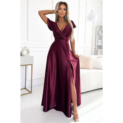 Numoco CRYSTAL saténové dlouhé šaty s výstřihem - Vínová barva 411-10 (Velikost XS, Barva Bordó)