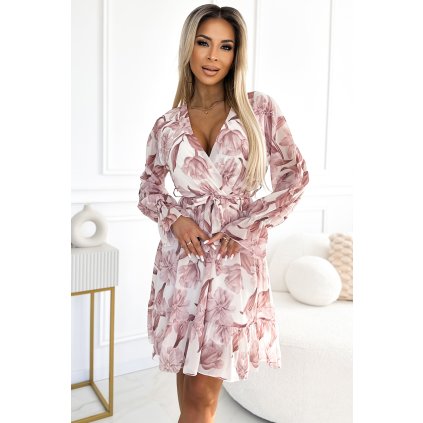 Šifonové šaty s výstřihem, volány a páskem - béžové květy 514-1 (Velikost UNI, Barva Tělová)