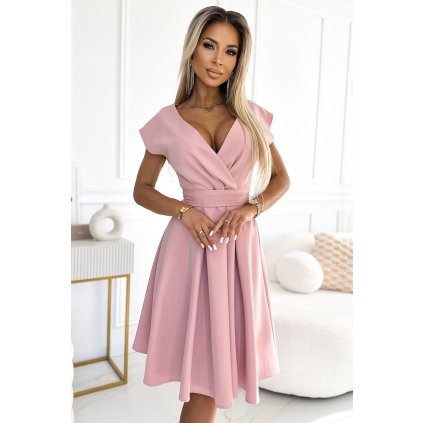 Numoco SCARLETT rozšířené šaty s výstřihem - práškově růžové 348-9 (Velikost S, Barva Růžová)