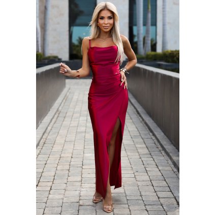 Numoco DIANE saténové dlouhé šaty s rozparkem na nohavicích - malinová barva 483-5 (Velikost XS, Barva Červená)
