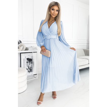 Numoco KLARA řasené šaty s páskem a výstřihem - světle modrá barva 414-10 (Velikost UNI, Barva Modrá - světle)