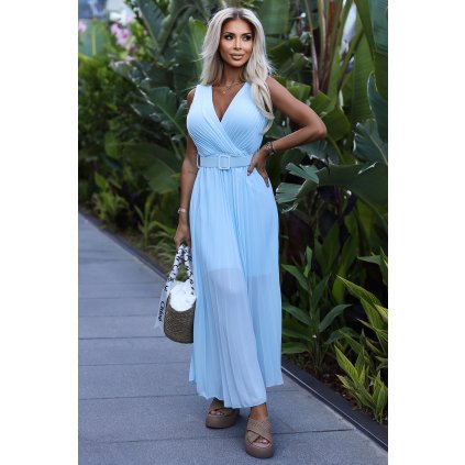 Numoco Plisované šaty s širokým páskem a výstřihem - světle modré 546-2 (Velikost UNI, Barva Modrá - světle)