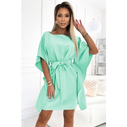 SOFIA Dámské motýlkové šaty se zavazováním v pase - mint 287-31 (Velikost L/XL, Barva Zelená)