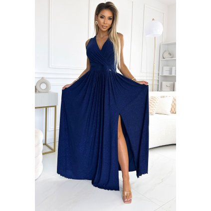 Numoco JUSTINE Dlouhé šaty s výstřihem a zavazováním vzadu - tmavě modrá se třpytkami 362-9 (Velikost S, Barva Modrá)