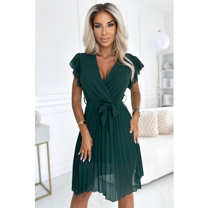 Numoco Šifonové řasené šaty s výstřihem a volány - zelené 424-6 (Velikost UNI, Barva Zelená)