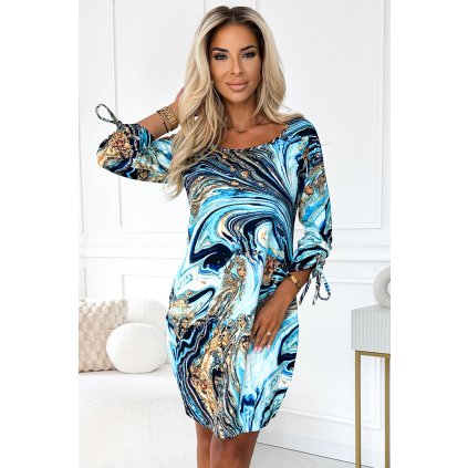 SOPHIE Pohodlné šaty s kapsami Oversize - modrozlaté vlny 281-7 (Velikost S, Barva Modrá)