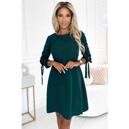 Numoco ALICE Šaty s luky - Trapézové šaty s mašlemi - zelené 195-11 (Velikost S, Barva Zelená)