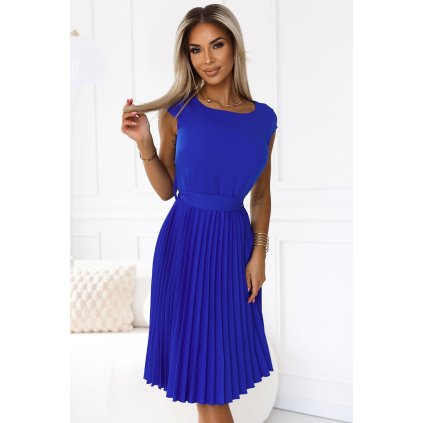 Numoco LILA Plisované šaty s krátkým rukávem - modré 311-16 (Velikost XS, Barva Modrá)