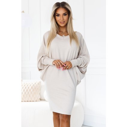 Svetr teplé netopýří šaty s výstřihem - béžový 402-7 (Velikost L/XL, Barva Béžová)