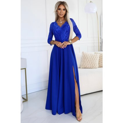 Numoco AMBER elegantní krajkové dlouhé šaty s výstřihem - modré 309-12 (Velikost S, Barva Modrá)