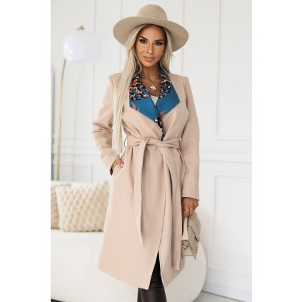 Numoco Polský pohodlný kabát s barevnou vsadkou u límce - béžová 582-1 (Velikost S, Barva Béžová)