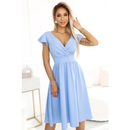 Numoco MATILDE Šaty s výstřihem a krátkým rukávem - světle modré 425-12 (Velikost XS, Barva Modrá - světle)