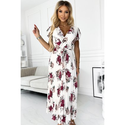 LISA Plisované midi šaty s výstřihem a volány - tmavě červené růže 434-8 (Velikost UNI, Barva Tělová)