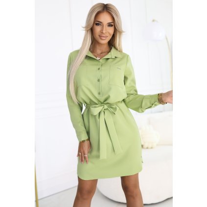 Numoco CAMILLE Košilové šaty s kapsami a zavazováním - olivová barva 284-3 (Velikost S, Barva Zelená)