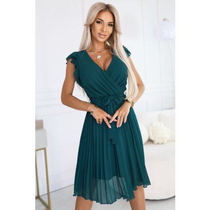 POLINA Plisované šaty s výstřihem a volánky - zelené 374-8 (Velikost S, Barva Zelená)