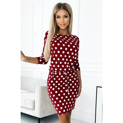 Numoco Sportovní šaty se vázáním a kapsami - burgundské + puntíky 13-164 (Velikost XS, Barva Bordó)