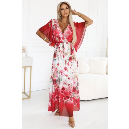 Numoco Vzdušné zavinovací maxi šaty s květinovým vzorem - červené růže 603-1 (Velikost UNI, Barva Červená)