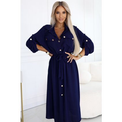 Midi košilové šaty se zlatými knoflíky a kravatou - tmavě modré 531-6 (Velikost UNI, Barva Modrá)