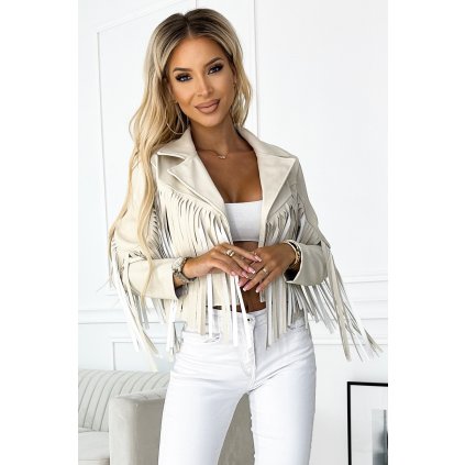 Numoco Krátká bunda s třásněmi z jemné eko kůže - béžová 624-1 (Velikost UNI, Barva Béžová)