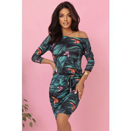 Numoco Sportovní šaty s kapsami a zavazováním - 3D listy 13-166 (Velikost XS, Barva Zelená)