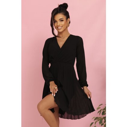 Numoco ISABELLE Polské skládané šaty s dlouhým rukávem a výstřihem - černé 313-17 (Velikost XS, Barva Černá)