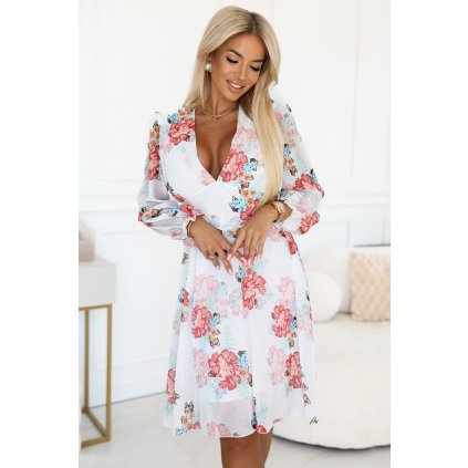 Numoco FRANCES Šifonové zavinovací šaty s dlouhým rukávem - mallows 388-3 (Velikost XS, Barva Bílá)