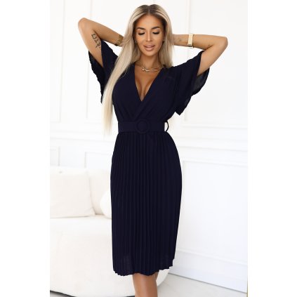 Numoco LYRA Plisované midi šaty s zavinovacím výstřihem a širokým páskem - tmavě modré 607-3 (Velikost UNI, Barva Modrá)