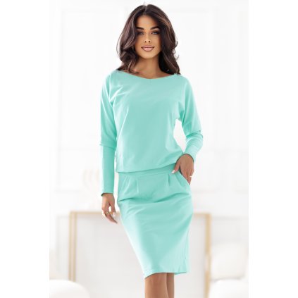 Numoco Mikinové šaty s dlouhým rukávem a kapsami - pohodlný střih s hlubokým výstřihem vzadu - mátově modré 189-12 (Velikost S, Barva Zelená)