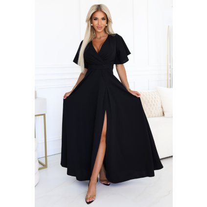 Numoco JENNIFER dlouhé šaty s rozparkem na nohavici, rukávy a výstřihem - černé 581-7 (Velikost S, Barva Černá)