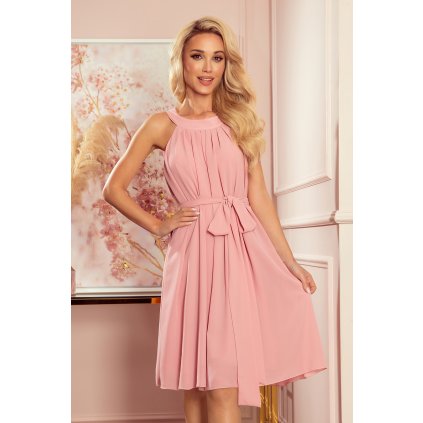ALIZEE - šifónové šaty s vázáním - práškově růžové 350-2 (Velikost XL, Barva Růžová)