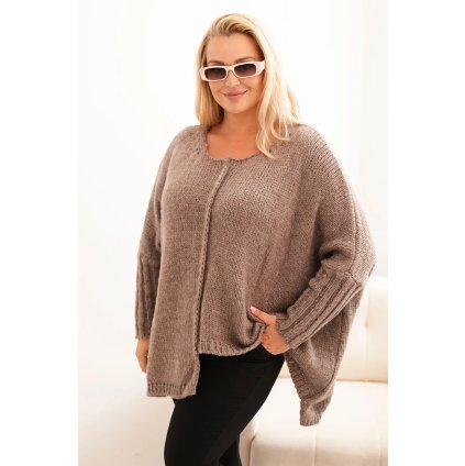 Dámský svetr Plus Size IT86 s volným střihem a 3/4 rukávem (Velikost UNI, Barva Hnědá)