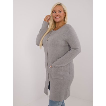 Dámský svetr Plus Size PM-SW-PM793.01 s kapsami (Barva Šedá, Velikost XL/XXL)