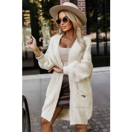 Numoco Módní oversized kardigan s ozdobnou broží a praktickými kapsami - béžový 628-1 (Velikost UNI, Barva Béžová)