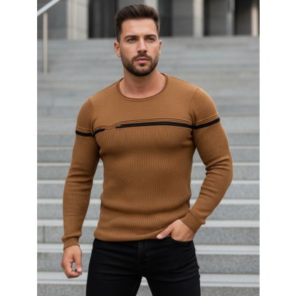 Pánský svetr přes hlavu kamelový Dstreet WX1625 (Velikost S, Barva Hnědá)